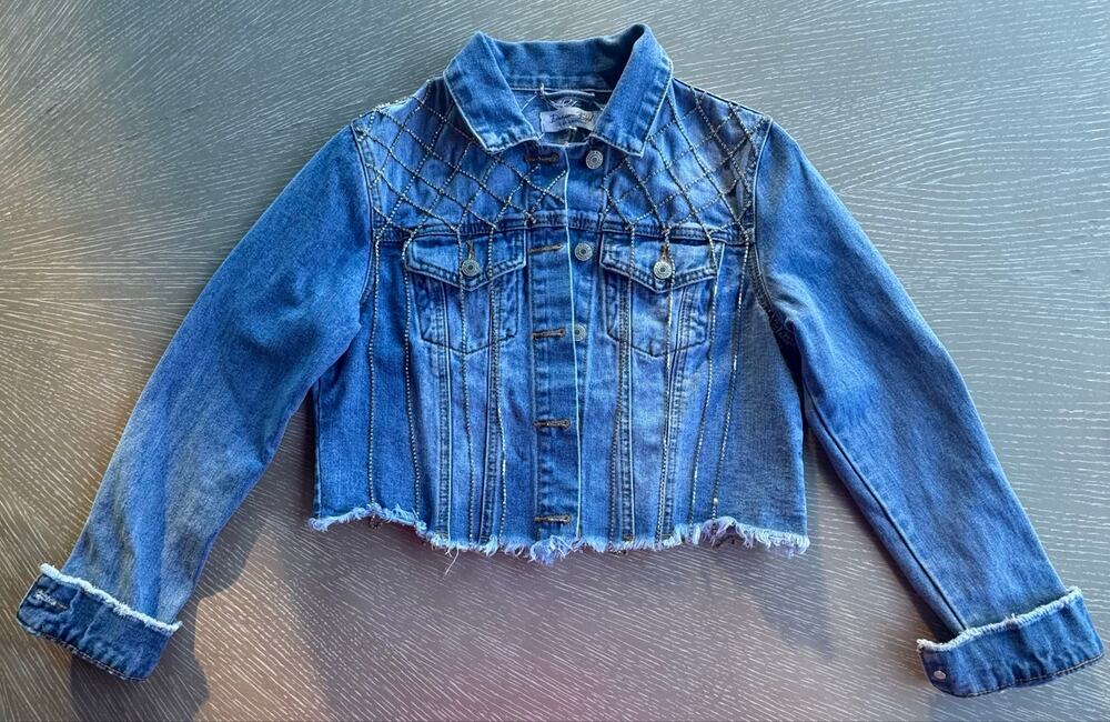 Denim Blvd LA Rhinestone Cropped Denim Jacket Blue Small LOOSE STITCHING